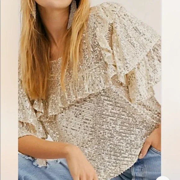 🥳HP New Free People Dance Floor XS Silver Allover Sequin Ruffled Boho Pullover - Picture 3 of 8